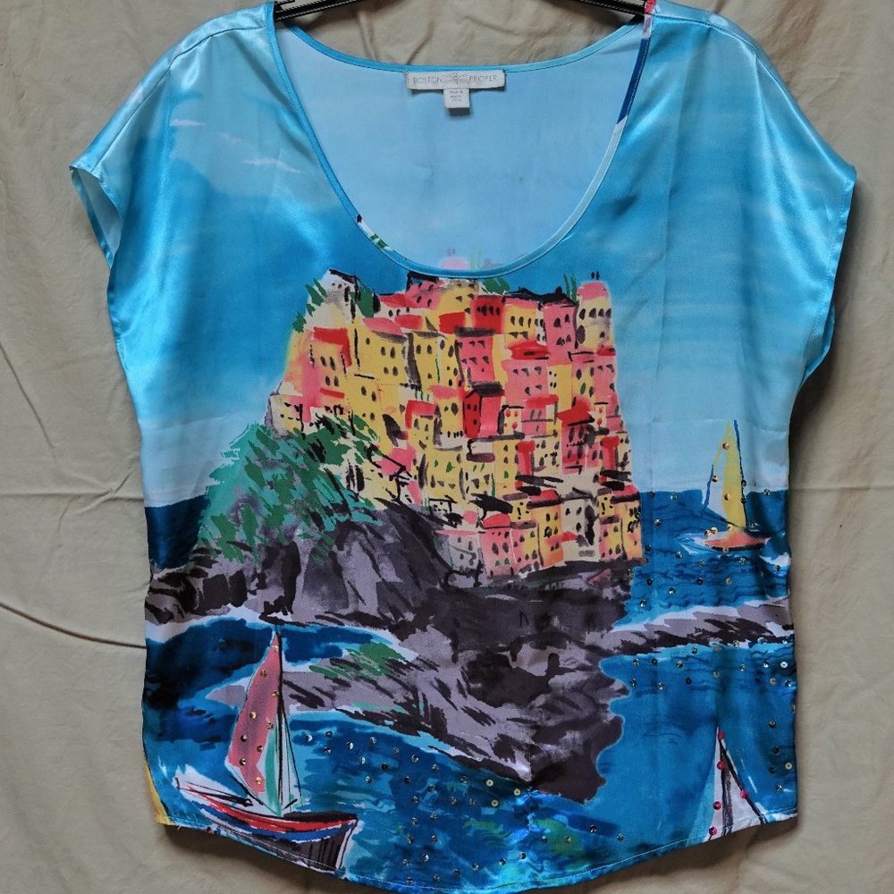 Blue Amalfie Coast Scene top, 100% Polyester